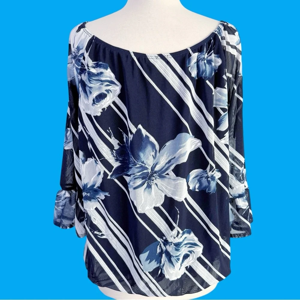 Espresso Floral 3/4 Ruffle Sleeve Pullover Chiffon Blouse Women’s XL Navy - Picture 7 of 10
